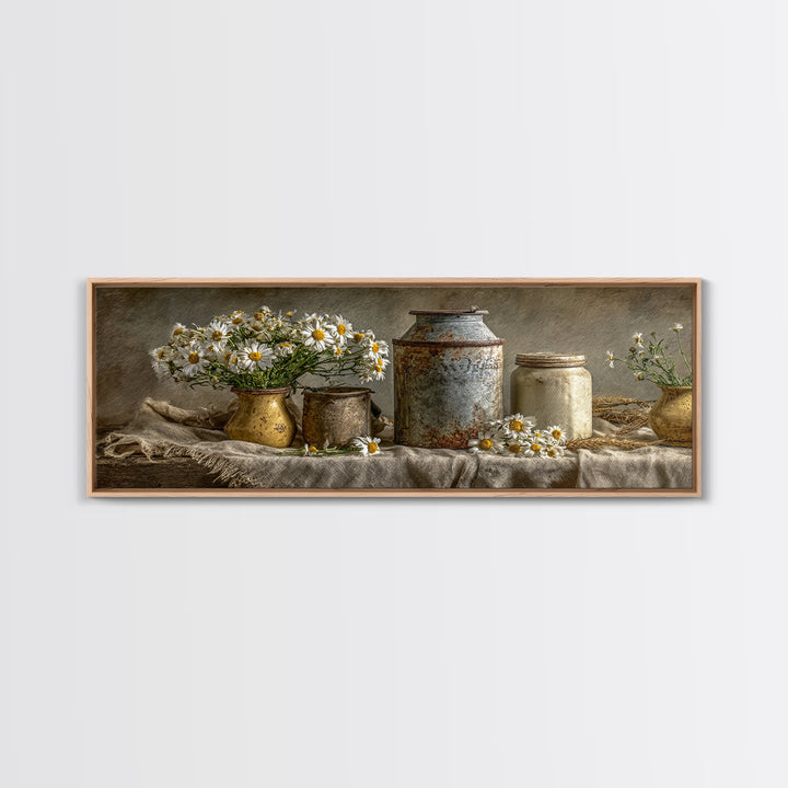 Milk Can and Daisies Rustic Still Life Framed Canvas Print, Country Art, Oil Painting, Farmhouse Decor, Watercolor Art, Country, COU-3x1-5