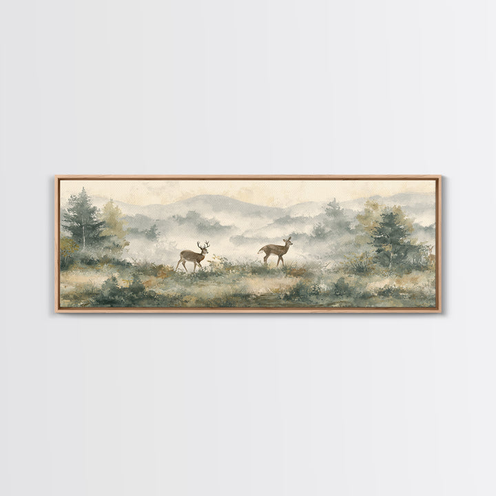 Deer Crossing a Misty Morning Field Framed Canvas Print, Country Art, Digital Prints, Farmhouse Decor, Fine Art, Country, COU-3x1-51