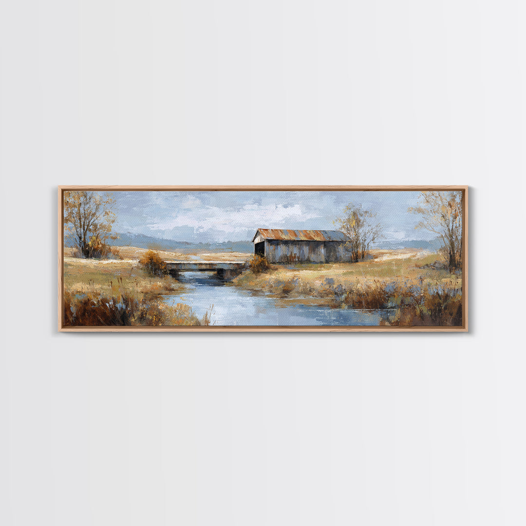 Covered Bridge over a Quiet Creek Framed Canvas Print, Country Art, Contemporary Art, Farmhouse Decor, Fine Art, Country, COU-3x1-55
