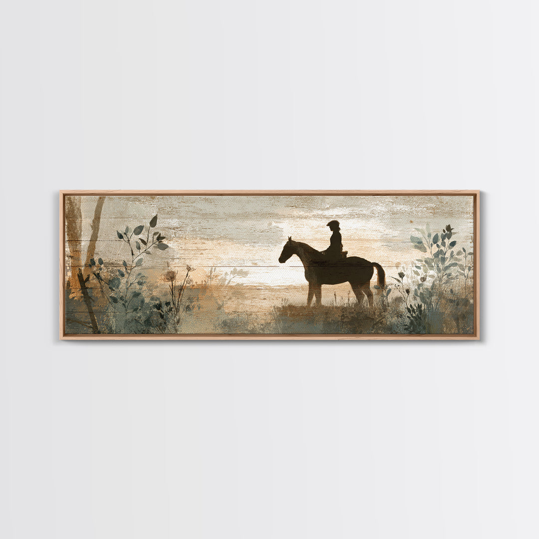 Horse and Rider Silhouette at Dusk Framed Canvas Print, Country Art, Digital Art Prints, Farmhouse Decor, Fine Art, Country, COU-3x1-57
