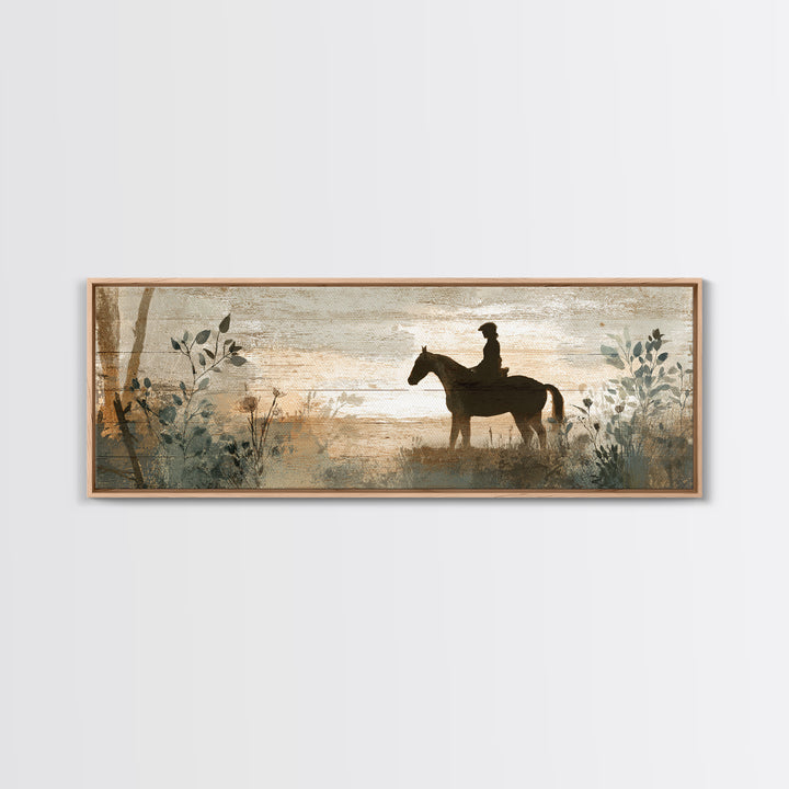 Horse and Rider Silhouette at Dusk Framed Canvas Print, Country Art, Digital Art Prints, Farmhouse Decor, Fine Art, Country, COU-3x1-57