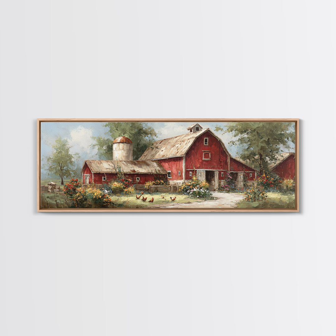 Chickens Pecking Near Garden Flowers Canvas Print, Country Art, Digital Art Prints, Farmhouse Decor, Fine Art, Country, COU-3x1-6