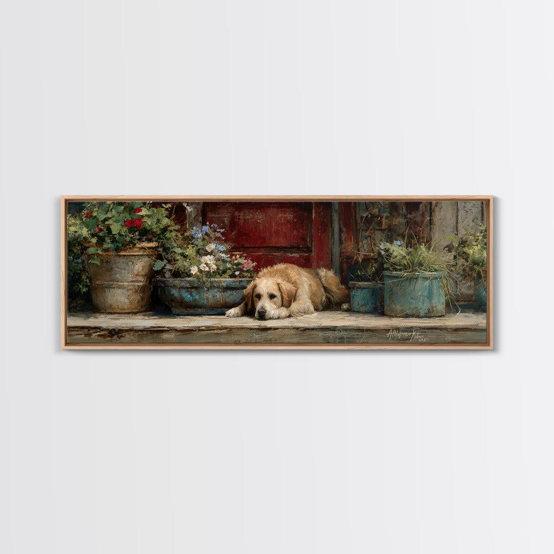 Dog Resting Beside a Porch Flower Pot Canvas Print, Country Art, Gallery Decor, Farmhouse Decor, Fine Art, Country, COU-3x1-62
