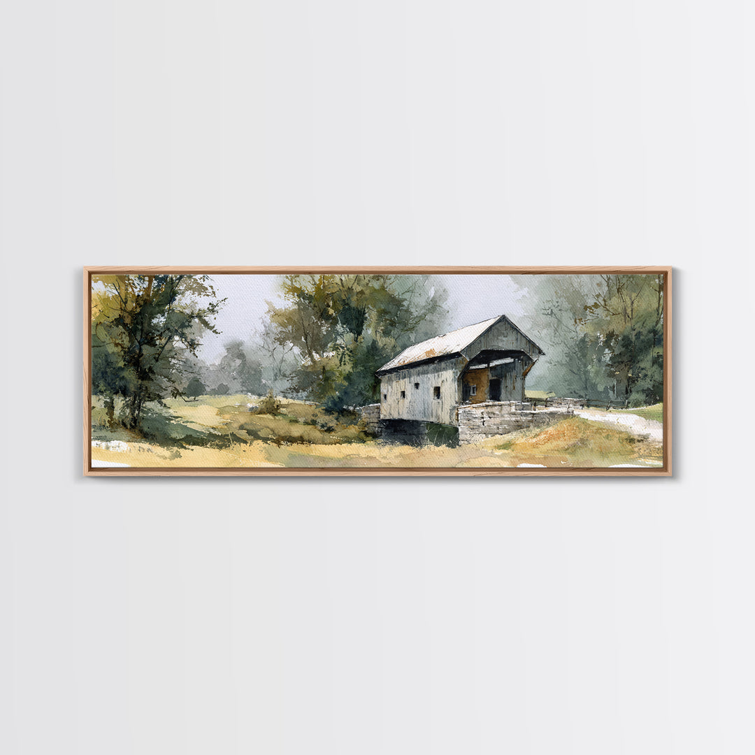 Covered Bridge over a Quiet Creek Framed Canvas Print, Country Art, Wall Decor, Farmhouse Decor, Fine Art, Country, Wall Art, COU-3x1-7