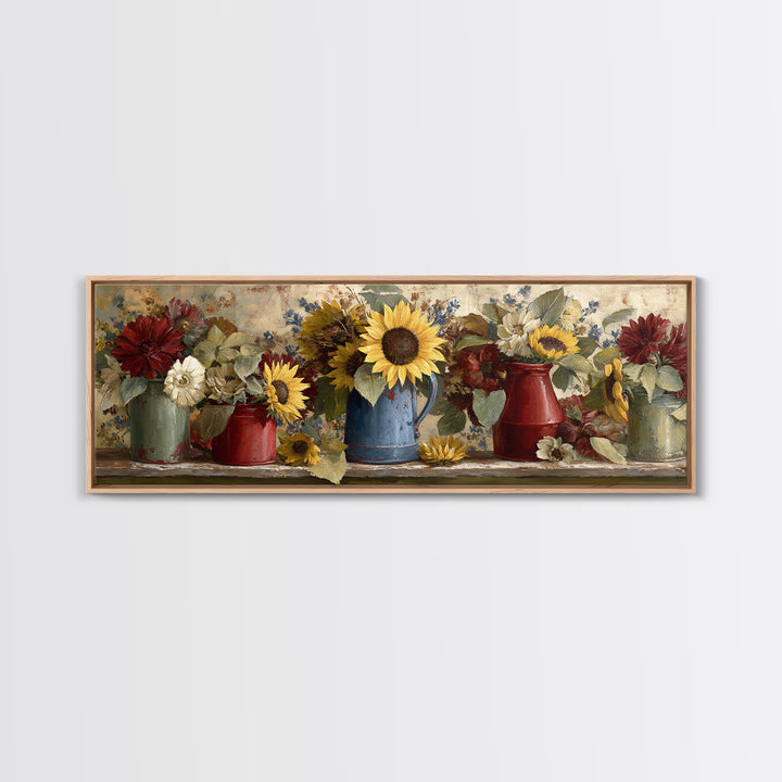 Sunflowers in a Blue Enamel Pitcher Framed Canvas Print, Country Art, Wall Art, Farmhouse Decor, Fine Art, Country, COU-3x1-72