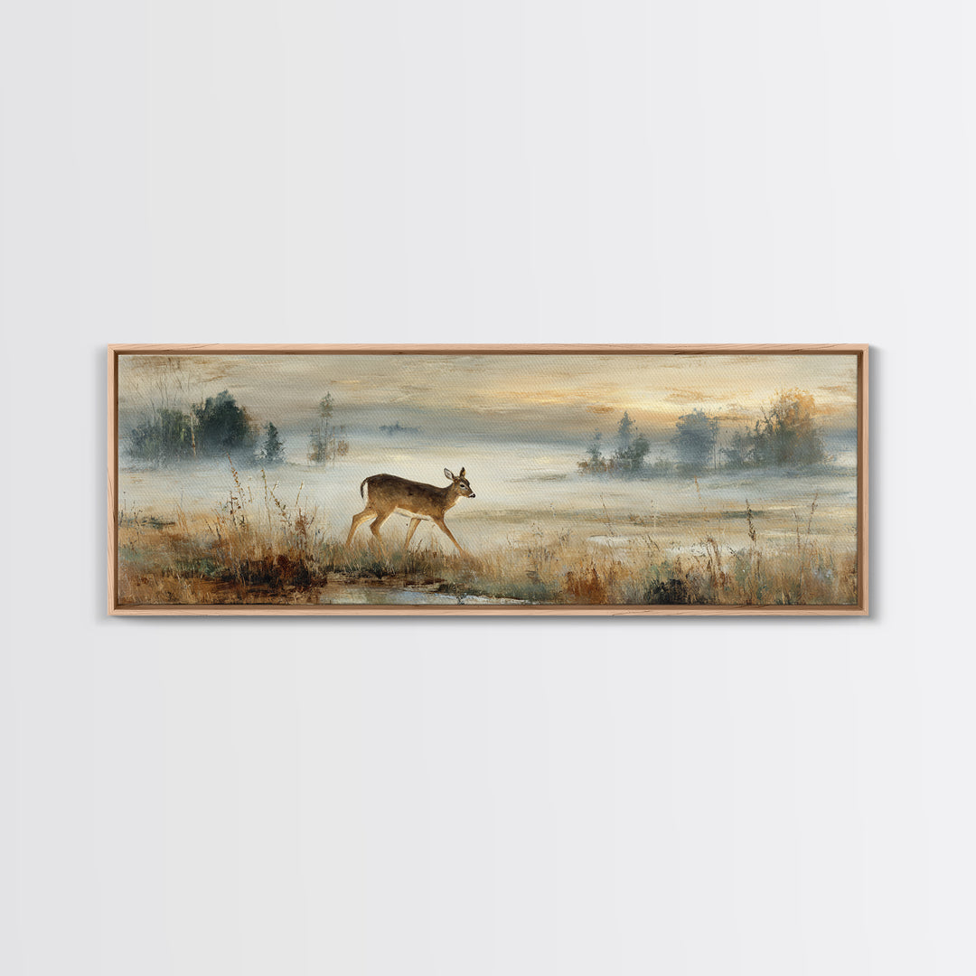 Deer Crossing a Misty Morning Field Canvas Print, Country Art, Digital Wall Art, Farmhouse Decor, Country, Floral Wall Art, COU-3x1-75