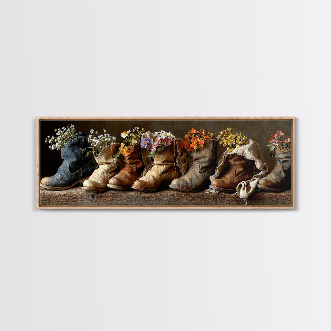 Weathered Boots with Wildflowers Tucked Inside Canvas Print, Country Art, Landscape Painting, Farmhouse Decor, Watercolor Art, COU-3x1-8