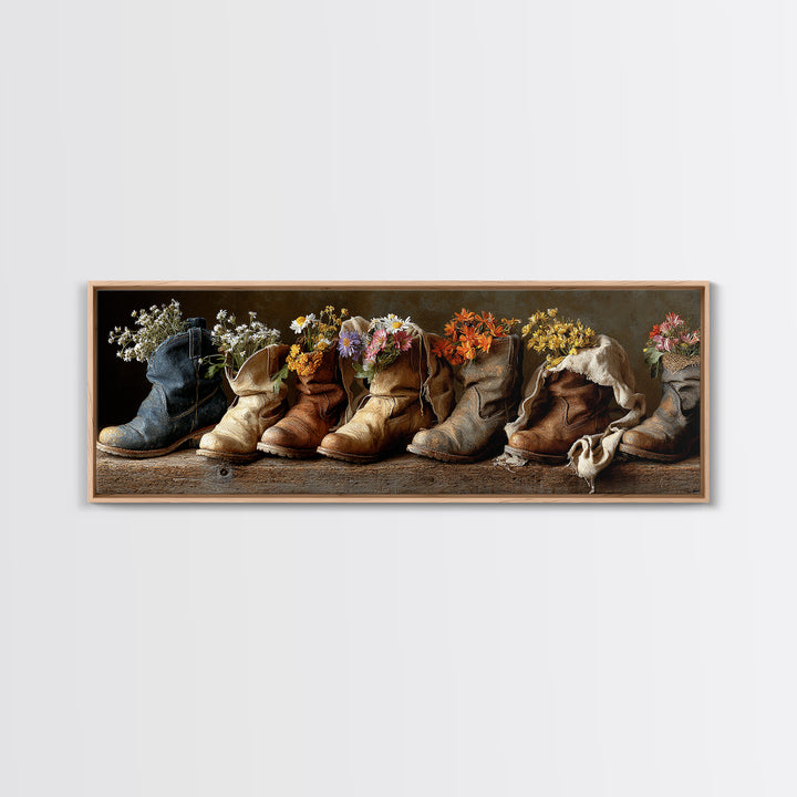 Weathered Boots with Wildflowers Tucked Inside Canvas Print, Country Art, Landscape Painting, Farmhouse Decor, Watercolor Art, COU-3x1-8