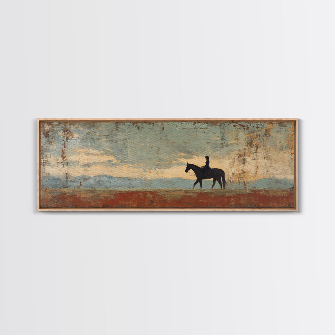 Horse and Rider Silhouette at Dusk Framed Canvas Print, Country Art, Digital Art Prints, Farmhouse Decor, Fine Art, Country, COU-3x1-81