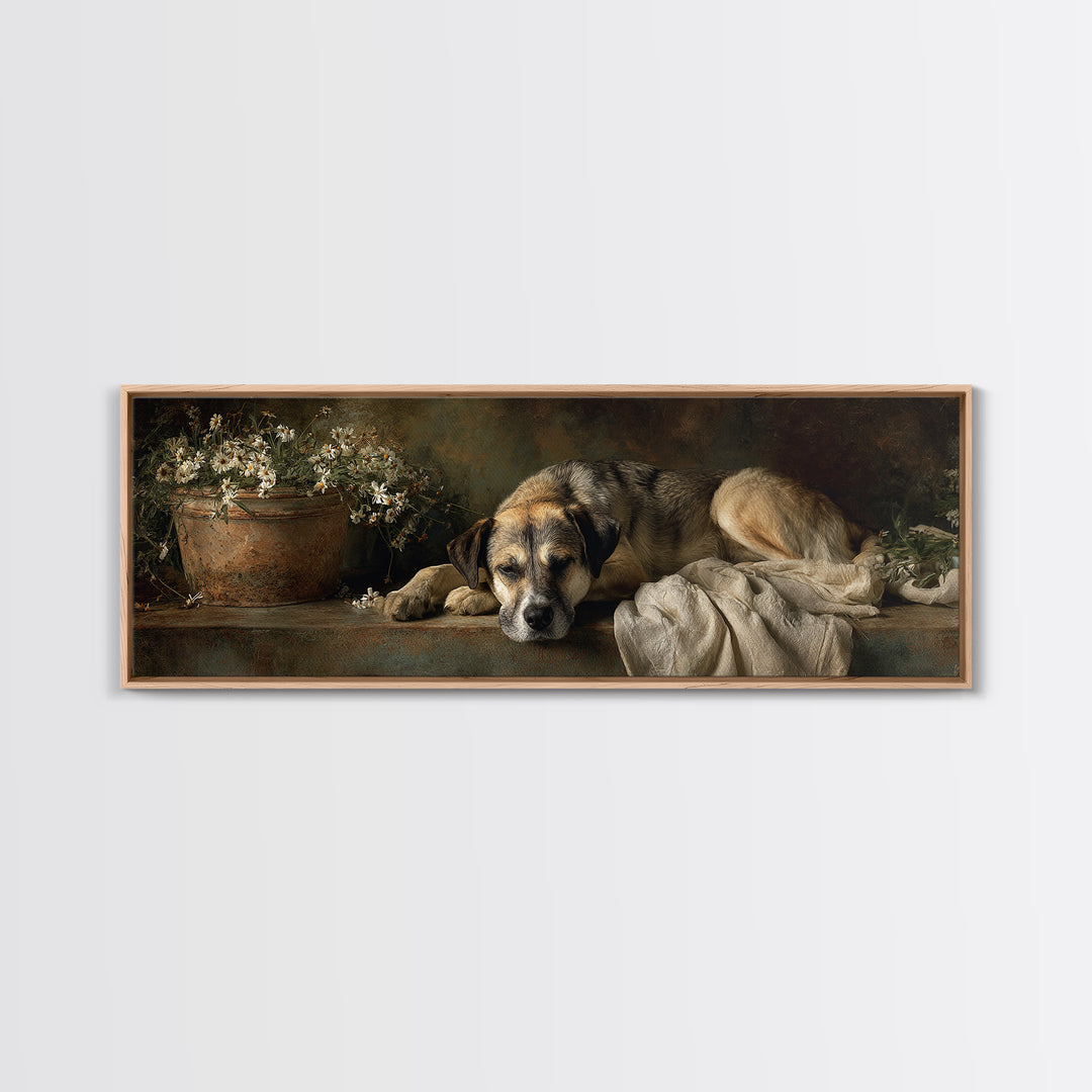 Dog Resting Beside a Porch Flower Pot Canvas Print, Country Art, Digital Wall Art, Farmhouse Decor, Fine Art, Country, COU-3x1-86