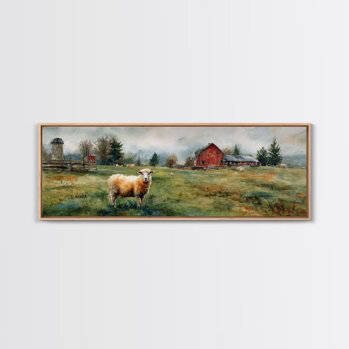 Watercolor Sheep in a Green Pasture Framed Canvas Print, Country Art, Printable Wall Art, Farmhouse Decor, Fine Art, Country, COU-3x1-87
