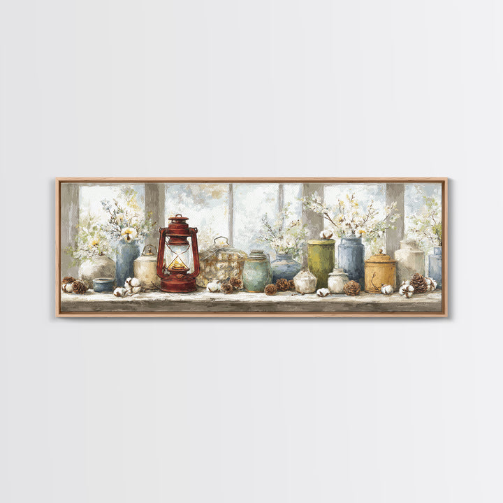 Old Lantern and Pinecones Still Life Canvas Print, Country Art, Minimalist Decor, Farmhouse Decor, Oil Painting, Country, COU-3x1-88
