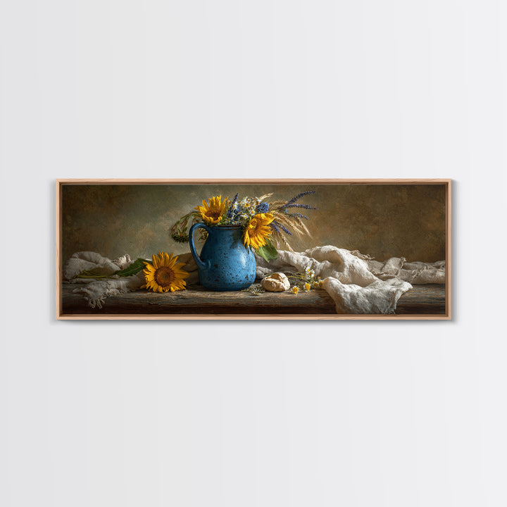 Sunflowers in a Blue Enamel Pitcher Canvas Print, Country Art, Wall Decor, Farmhouse Decor, Fine Art, Country, Wall Art, COU-3x1-96