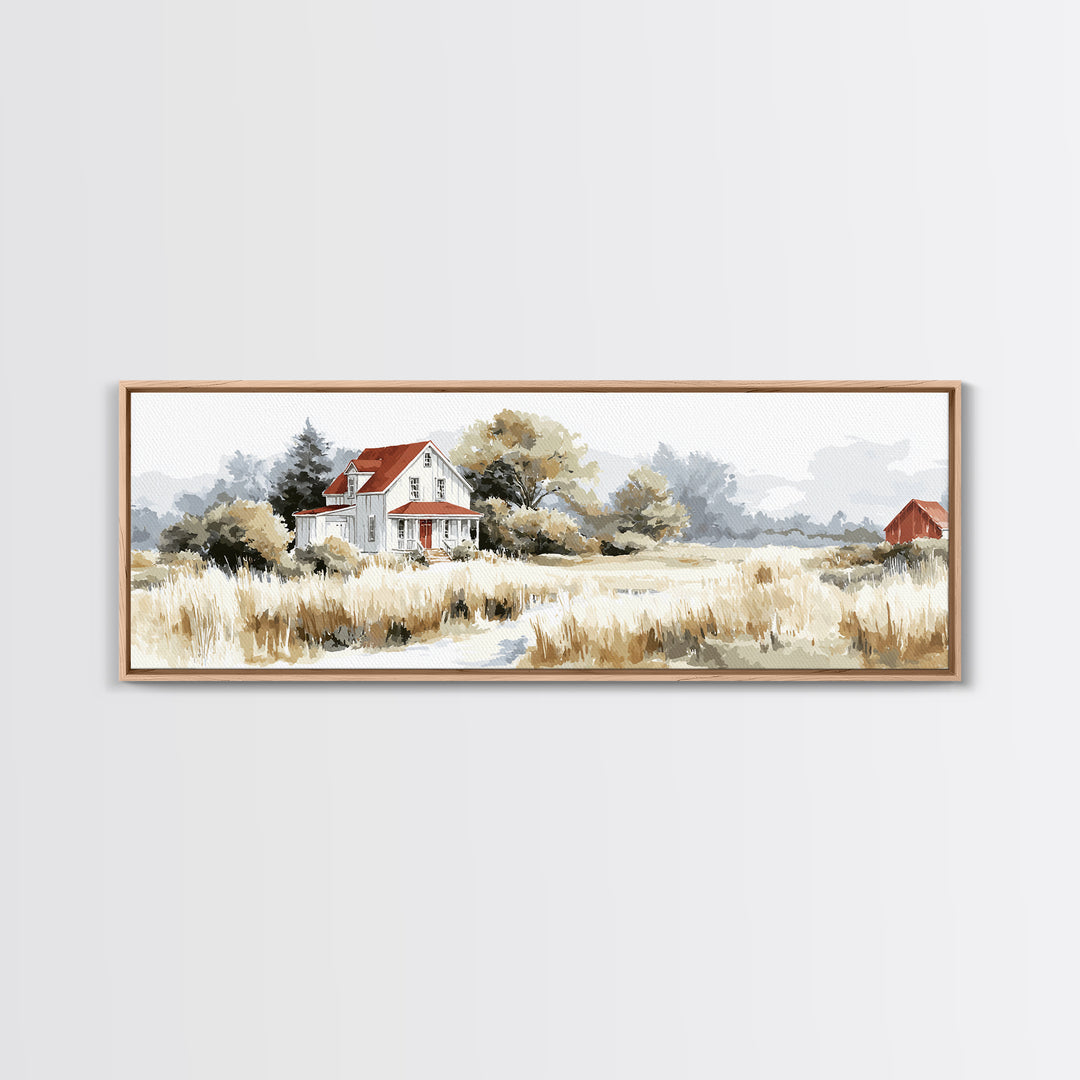 White Farmhouse Surrounded by Tall Grass Canvas Print, Country Art, Floral Wall Art, Farmhouse Decor, Fine Art, Country, COU-3x1-98