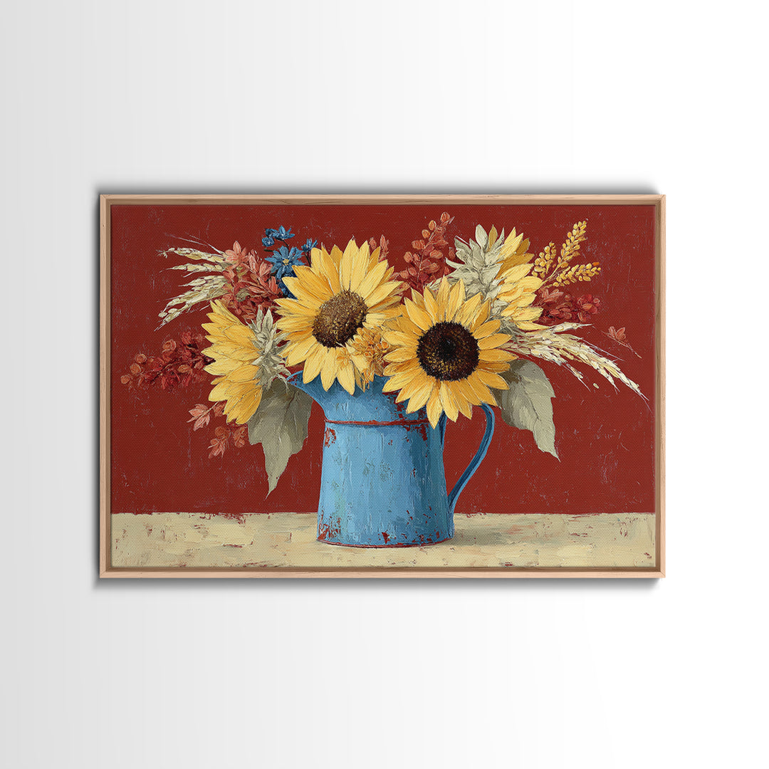 Sunflowers in a Blue Enamel Pitcher Canvas Print, Country Art, Digital Print, Farmhouse Decor, Oil Painting, Country, COU-3x2-12