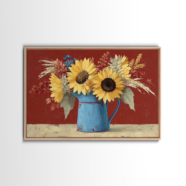Sunflowers in a Blue Enamel Pitcher Canvas Print, Country Art, Digital Print, Farmhouse Decor, Oil Painting, Country, COU-3x2-12