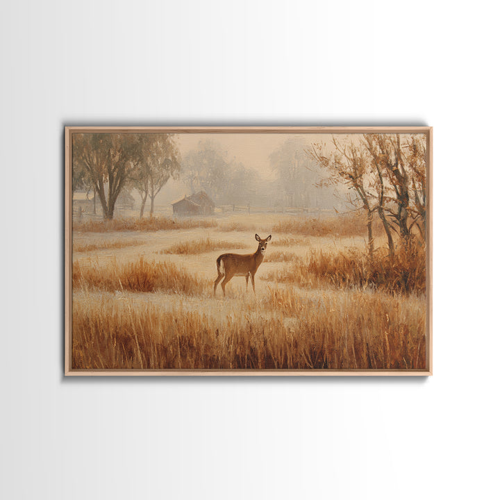 Deer Crossing a Misty Morning Field Framed Canvas Print, Country Art, Oil Painting, Farmhouse Decor, Fine Art, Country, COU-3x2-15