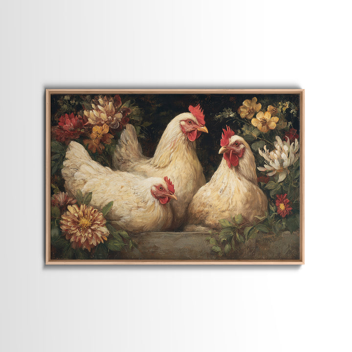 Chickens Pecking Near Garden Flowers Framed Canvas Print, Country Art, Farmhouse Decor, Watercolor Art, Country, COU-3x2-18