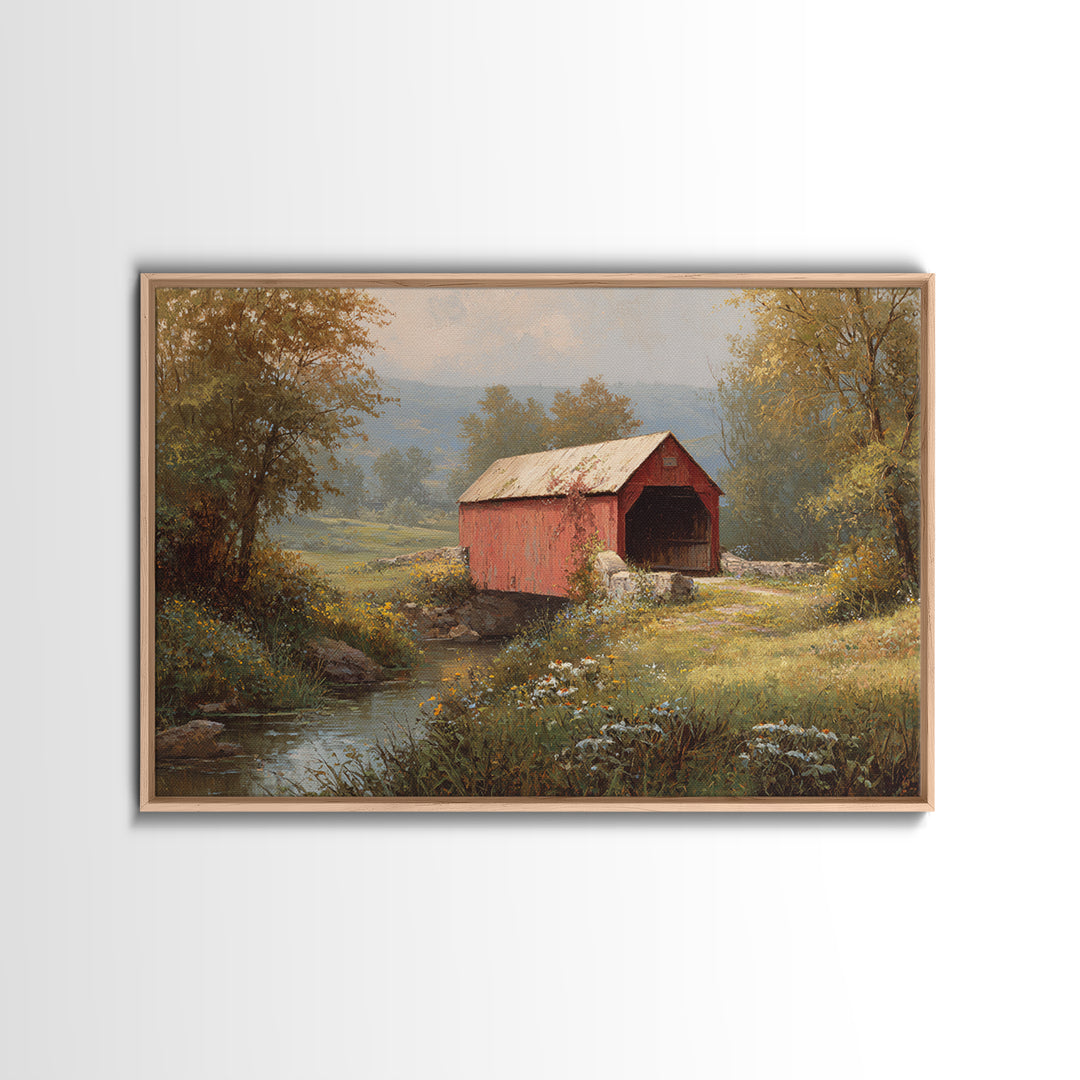 Covered Bridge over a Quiet Creek Framed Canvas Print, Country Art, Landscape Painting, Farmhouse Decor, Fine Art, Country, COU-3x2-19