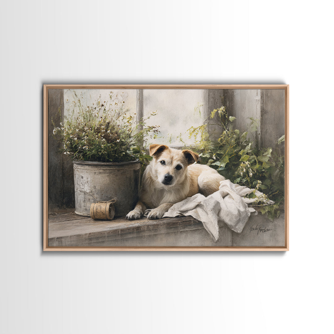 Dog Resting Beside a Porch Flower Pot Canvas Print, Country Art, Digital Wall Art, Farmhouse Decor, Fine Art, Country, COU-3x2-26