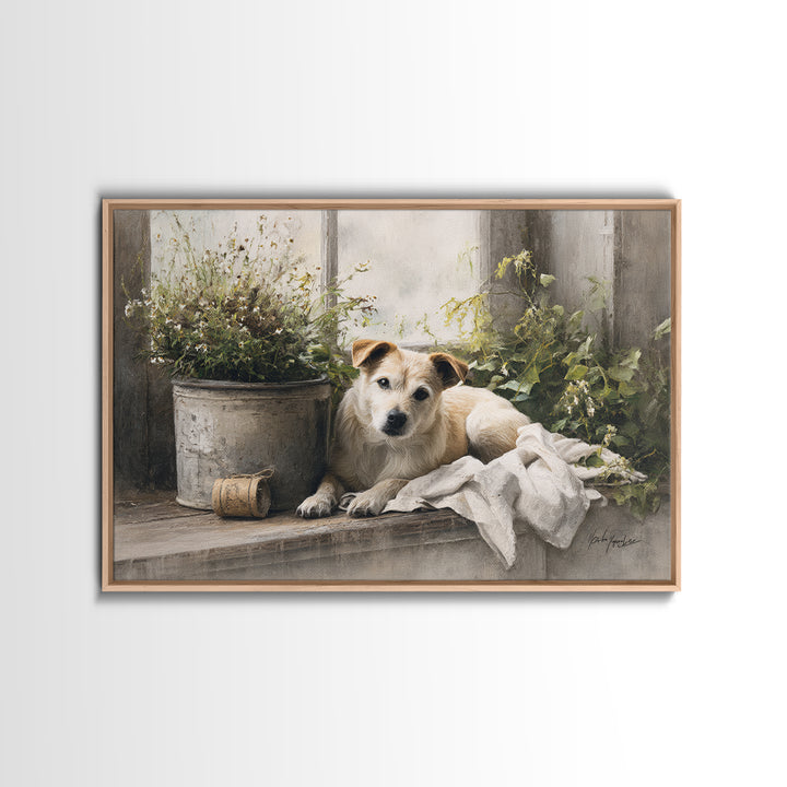 Dog Resting Beside a Porch Flower Pot Canvas Print, Country Art, Digital Wall Art, Farmhouse Decor, Fine Art, Country, COU-3x2-26