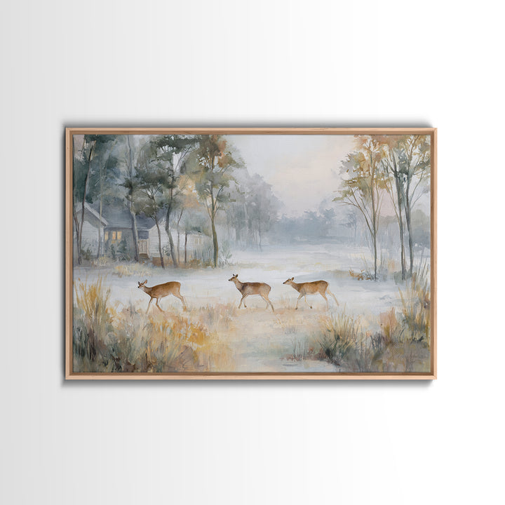 Deer Crossing a Misty Morning Field Framed Canvas Print, Country Art, Wall Decor, Farmhouse Decor, Fine Art, Country, COU-3x2-39