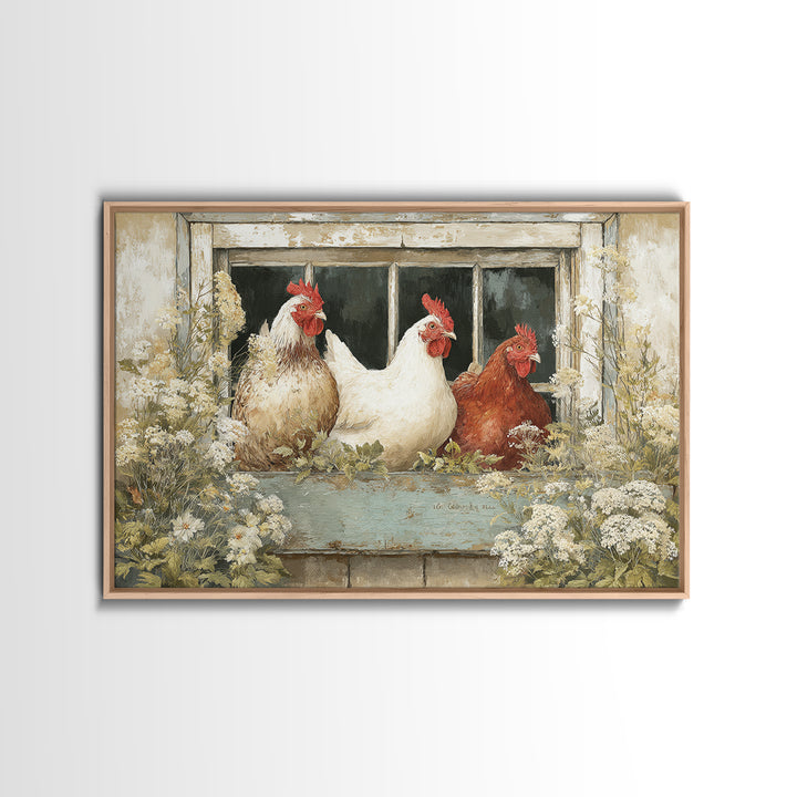 Chickens Pecking Near Garden Flowers Canvas Print, Country Art, Printable Art, Farmhouse Decor, Watercolor Art, Country, COU-3x2-42