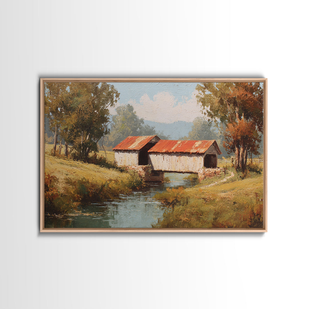 Covered Bridge over a Quiet Creek Canvas Print, Country Art, Landscape Wall Art, Farmhouse Decor, Abstract Art, Country, COU-3x2-43