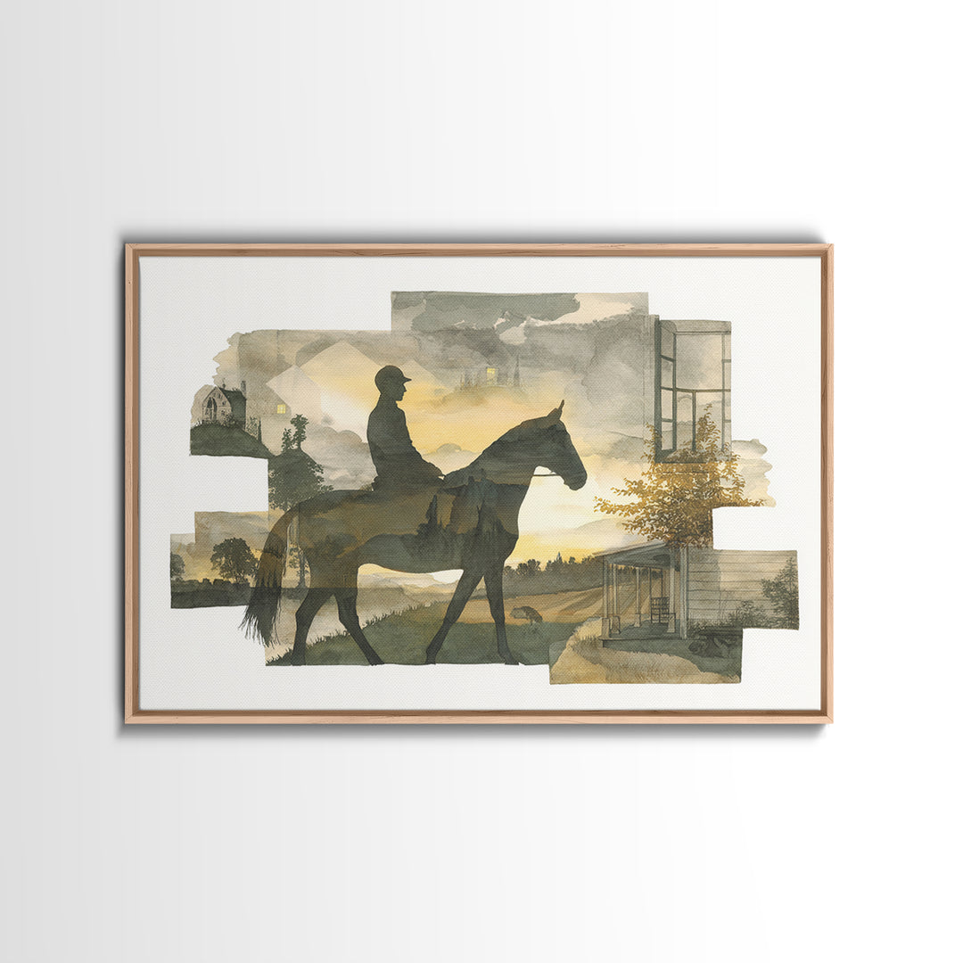 Horse and Rider Silhouette at Dusk Framed Canvas Print, Country Art, Landscape Painting, Farmhouse Decor, Fine Art, Country, COU-3x2-45