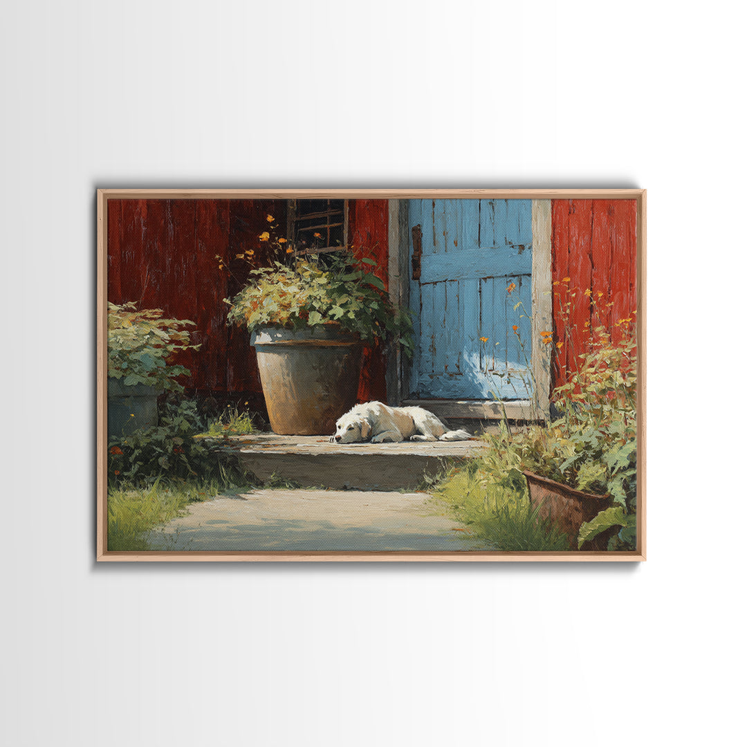 Dog Resting Beside a Porch Flower Pot Framed Canvas Print, Country Art, Farmhouse Decor, Fine Art, Country, Gallery Wall Art, COU-3x2-50