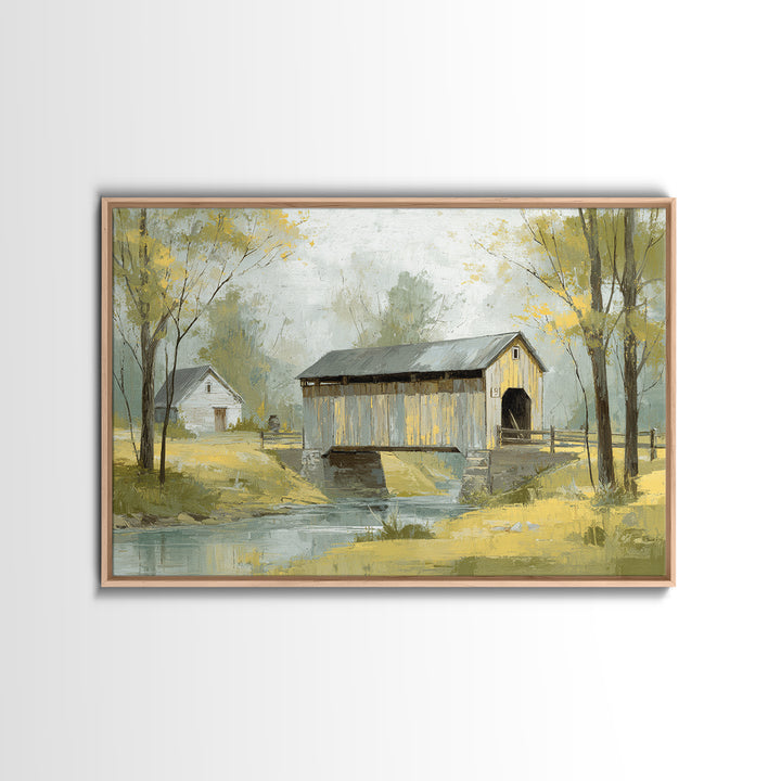 Covered Bridge over a Quiet Creek Canvas Print, Country Art, Textured Painting, Farmhouse Decor, Watercolor Art, Country, COU-3x2-67