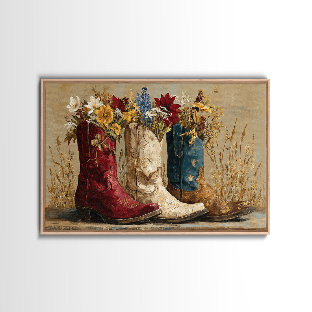 Weathered Boots with Wildflowers Tucked Inside Canvas Print, Country Art, Wall Decor, Farmhouse Decor, Oil Painting, Country, COU-3x2-68