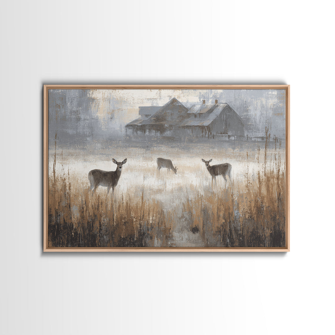 Deer Crossing a Misty Morning Field Framed Canvas Print, Country Art, Modern Decor, Farmhouse Decor, Fine Art, Country, COU-3x2-87
