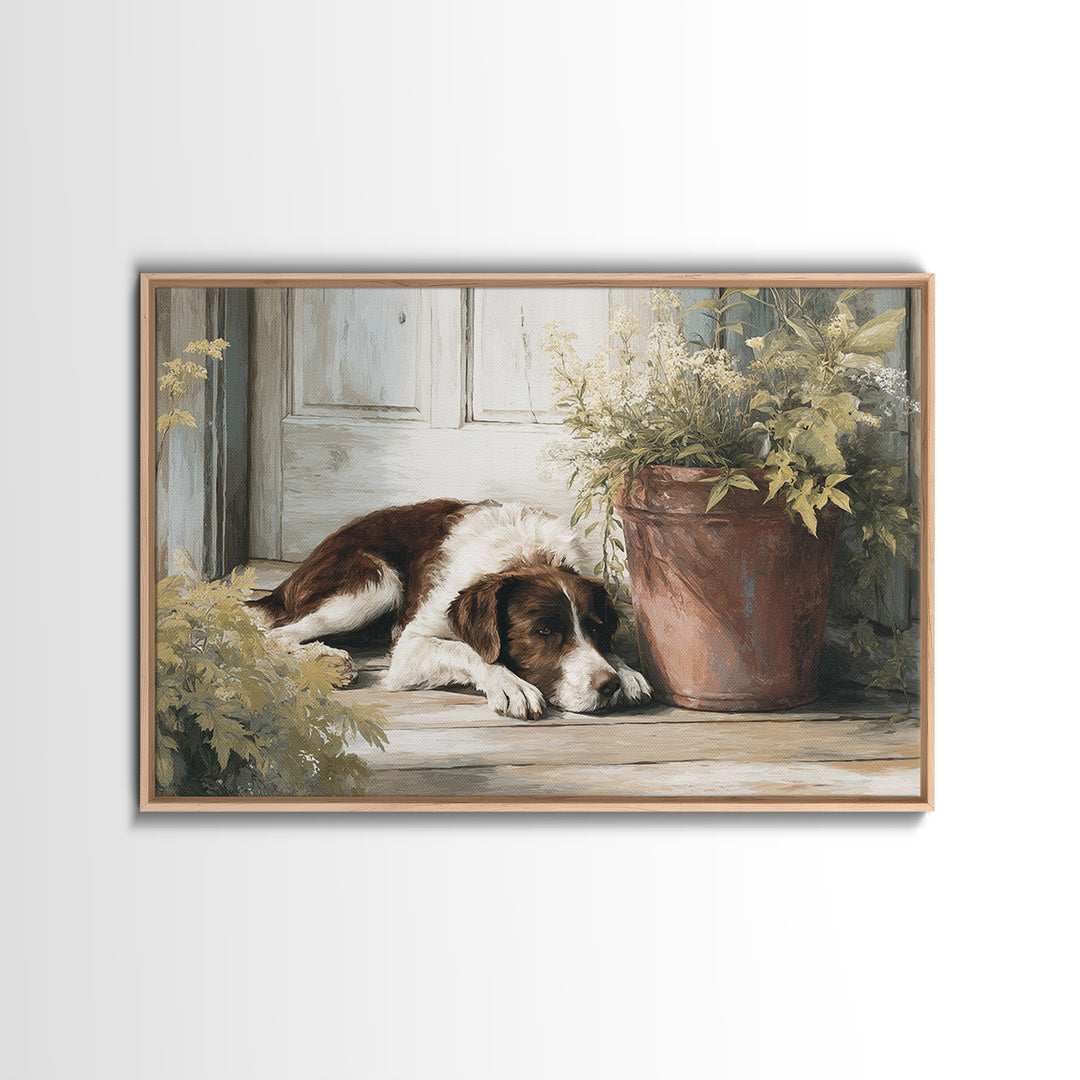 Dog Resting Beside a Porch Flower Pot Canvas Print, Country Art, Digital Art Prints, Farmhouse Decor, Oil Painting, Country, COU-3x2-98