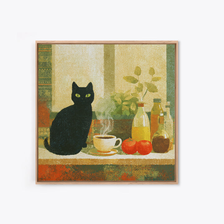 Black Cat Beside a Steaming Cup Canvas Print, Coffee Shop Art, Moody Wall Art, Cafe Decor, Fine Art, Cafe, Luxury Decor, CSA-1x1-14