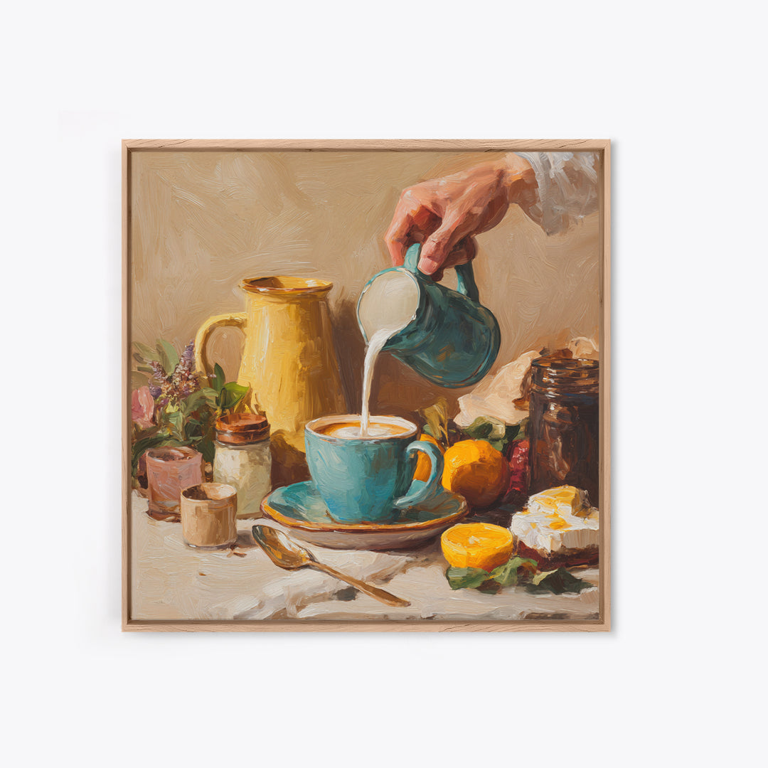 Barista Hands Pouring Milk into Espresso Framed Canvas Print, Coffee Shop Art, Neutral Decor, Cafe Decor, Fine Art, Cafe, CSA-1x1-21