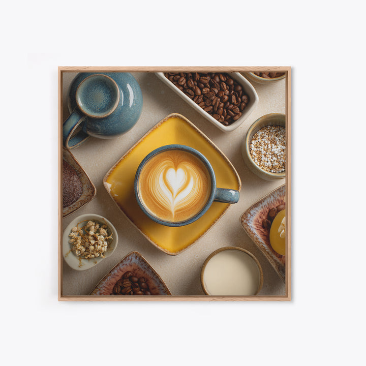 Latte Art Heart Seen from Above Framed Canvas Print, Coffee Shop Art, Digital Wall Art, Cafe Decor, Oil Painting, Cafe, CSA-1x1-28