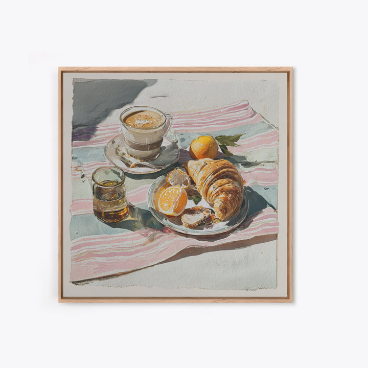 Croissant and Cappuccino on Striped Cloth Framed Canvas Print, Coffee Shop Art, Textured Painting, Cafe Decor, Fine Art, Cafe, CSA-1x1-29