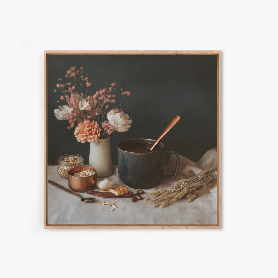Moody Dark Roast Still Life Framed Canvas Print, Coffee Shop Art, Gallery Decor, Cafe Decor, Fine Art, Cafe, Wall Art, CSA-1x1-32