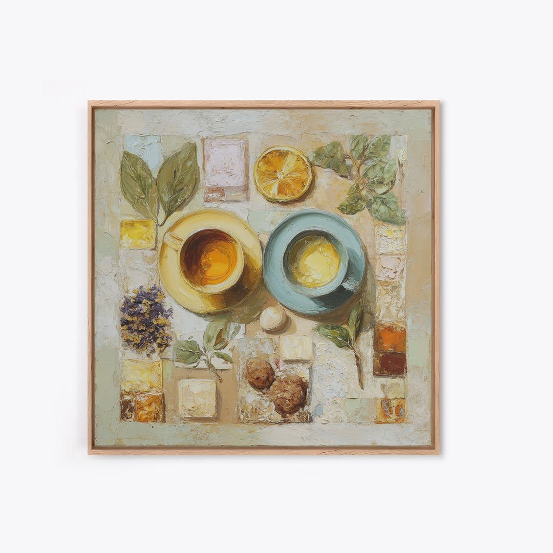 Two Cups Facing Each Other Framed Canvas Print, Coffee Shop Art, Boho Decor, Cafe Decor, Oil Painting, Cafe, Printable, CSA-1x1-37