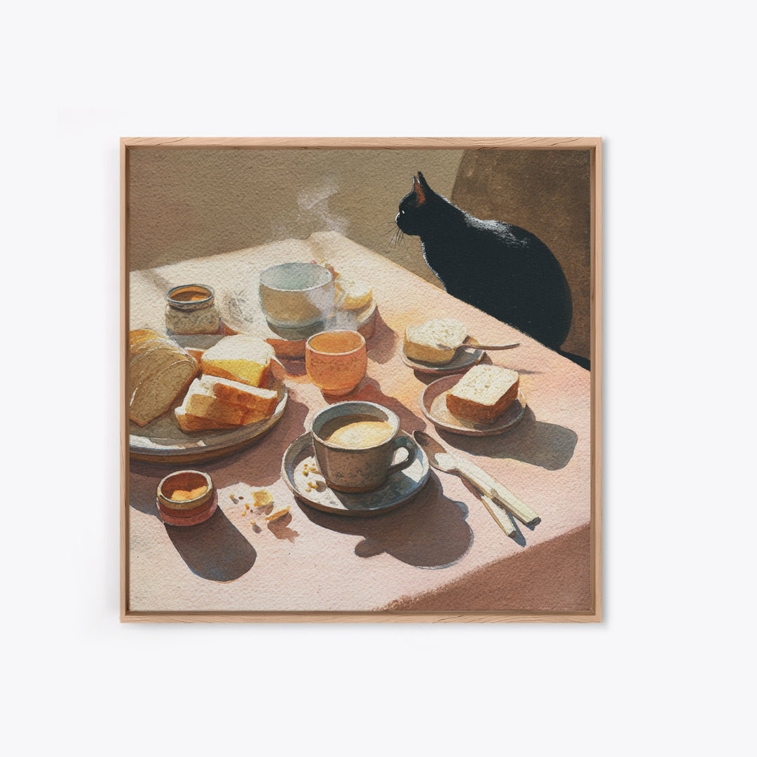 Black Cat Beside a Steaming Cup Framed Canvas Print, Coffee Shop Art, Gallery Decor, Cafe Decor, Fine Art, Cafe, Wall Art, CSA-1x1-38