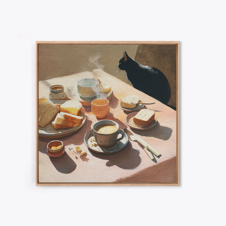 Black Cat Beside a Steaming Cup Framed Canvas Print, Coffee Shop Art, Gallery Decor, Cafe Decor, Fine Art, Cafe, Wall Art, CSA-1x1-38