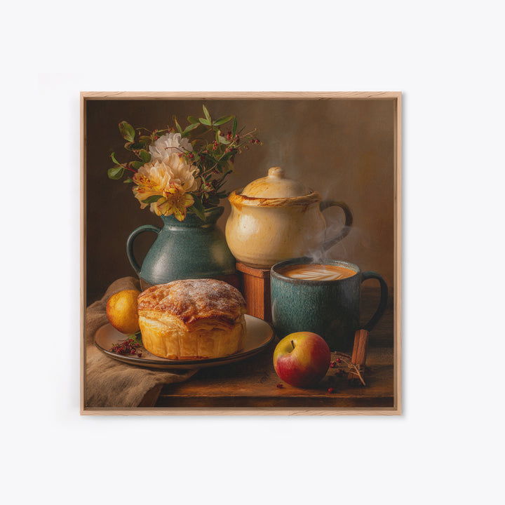 Sunlit Pastry and Coffee Arrangement Framed Canvas Print, Coffee Shop Art, Kitchen Wall Decor, Cafe Decor, Oil Painting, Cafe, CSA-1x1-43