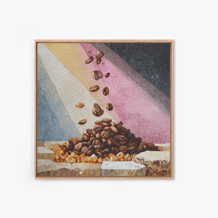 Roasted Beans Falling Through Dark Space Framed Canvas Print, Coffee Shop Art, Kitchen Wall Art, Cafe Decor, Fine Art, Cafe, CSA-1x1-44