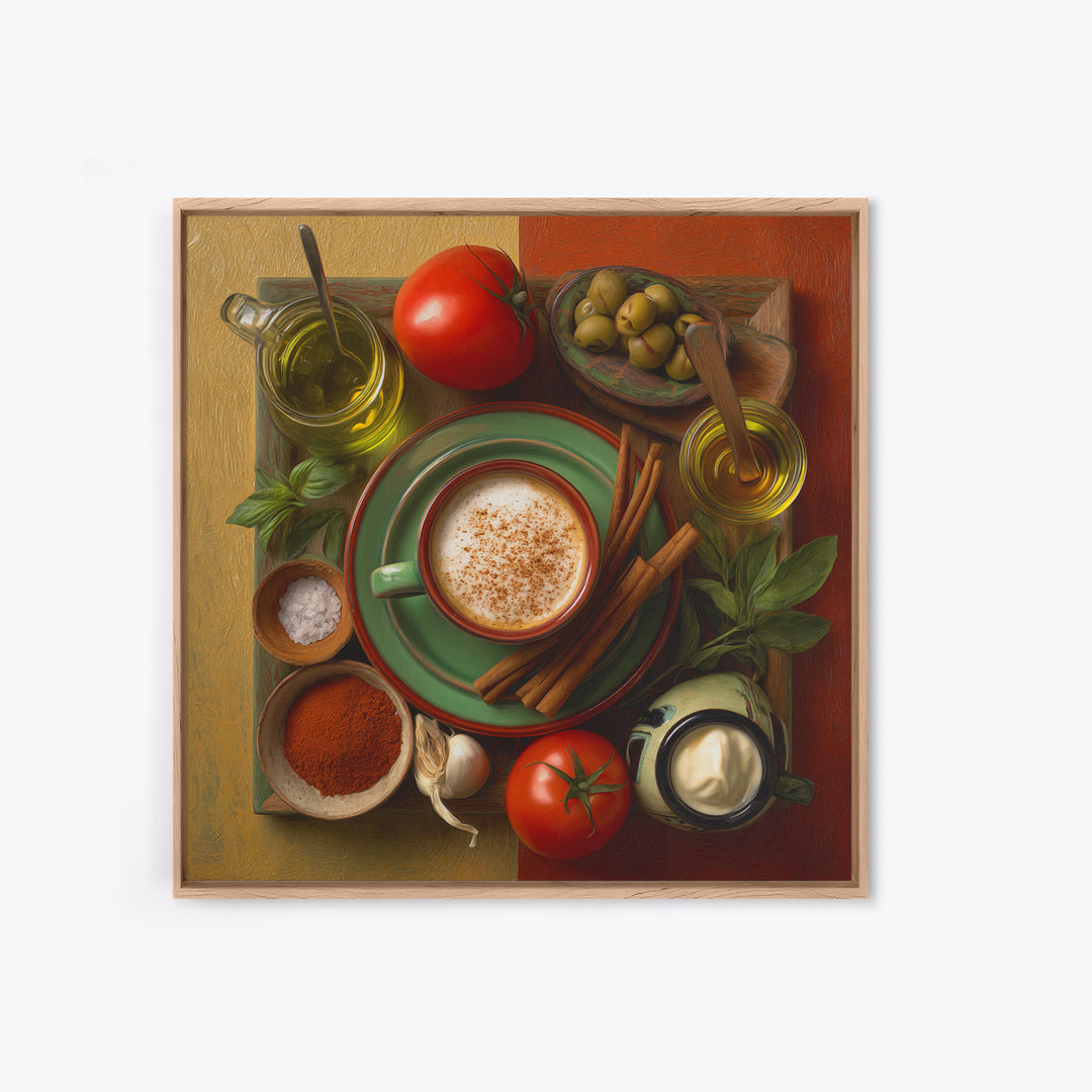 Cinnamon Sticks and Cappuccino Foam Still Life Framed Canvas Print, Coffee Shop Art, Coffee, Cafe Decor, Fine Art, Cafe, CSA-1x1-48