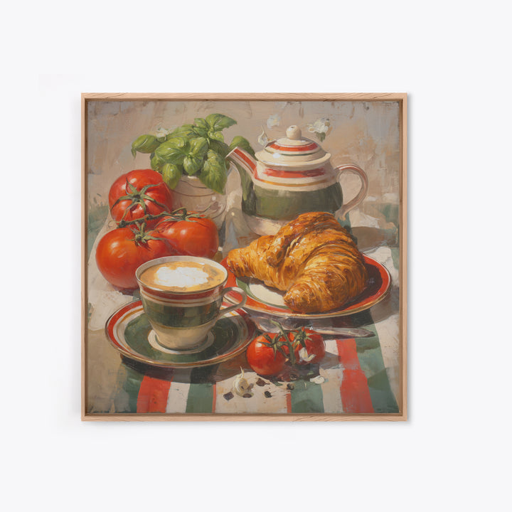Croissant and Cappuccino on Striped Cloth Canvas Print, Coffee Shop Art, Fine Art Print, Cafe Decor, Fine Art, Cafe, Printable, CSA-1x1-5