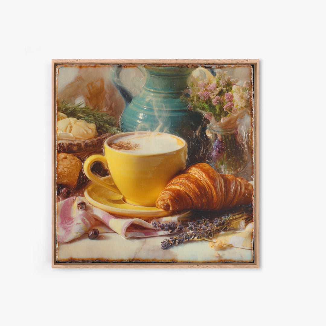 Croissant and Cappuccino on Striped Cloth Framed Canvas Print, Coffee Shop Art, Textured Painting, Cafe Decor, Fine Art, Cafe, CSA-1x1-53