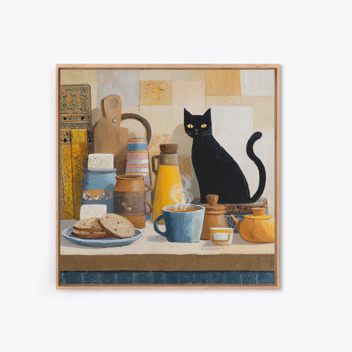 Black Cat Beside a Steaming Cup Framed Canvas Print, Coffee Shop Art, Gallery Decor, Cafe Decor, Fine Art, Cafe, Wall Art, CSA-1x1-62