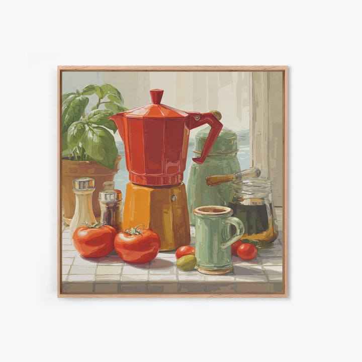 Mid Century Coffee Pot Framed Canvas Print, Coffee Shop Art, Coffee Art, Cafe Decor, Fine Art, Cafe, Textured Painting, CSA-1x1-70