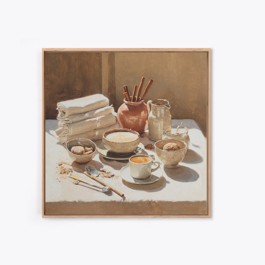 Cinnamon Sticks and Cappuccino Foam Still Life Framed Canvas Print, Coffee Shop Art, Minimalist Wall Art, Cafe Decor, CSA-1x1-72